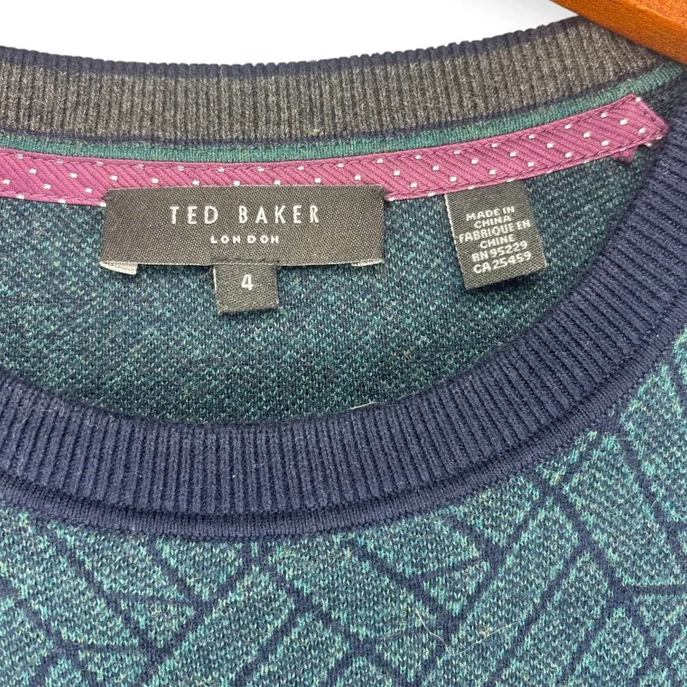 Ted Baker Mens L Sweater Cashmere Geometric Teal Navy Crewneck Academia Preppy